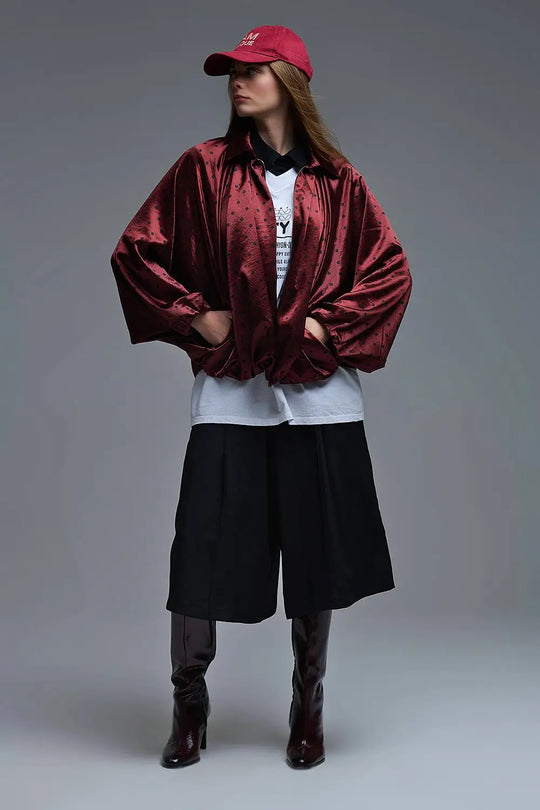 Polka Dot Satin Bommer Jacket in Burgundy - One Size / Red - Coats and Jackets