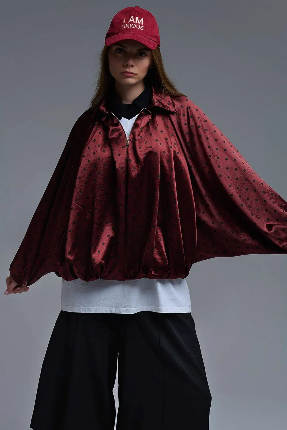 Polka Dot Satin Bommer Jacket in Burgundy - One Size / Red - Coats and Jackets