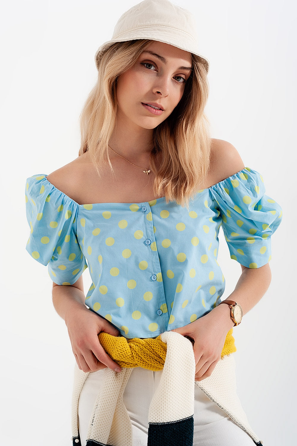 Polka dot top with puffed sleeves and square neckline blue and green