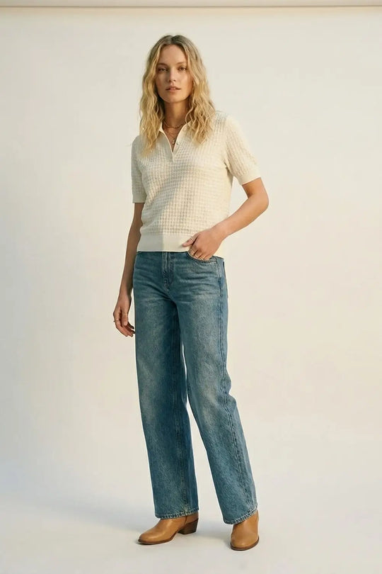 Polo à manches courtes en tricot texturé crème - Pulls