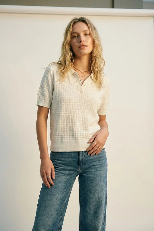 Polo à manches courtes en tricot texturé crème - Pulls