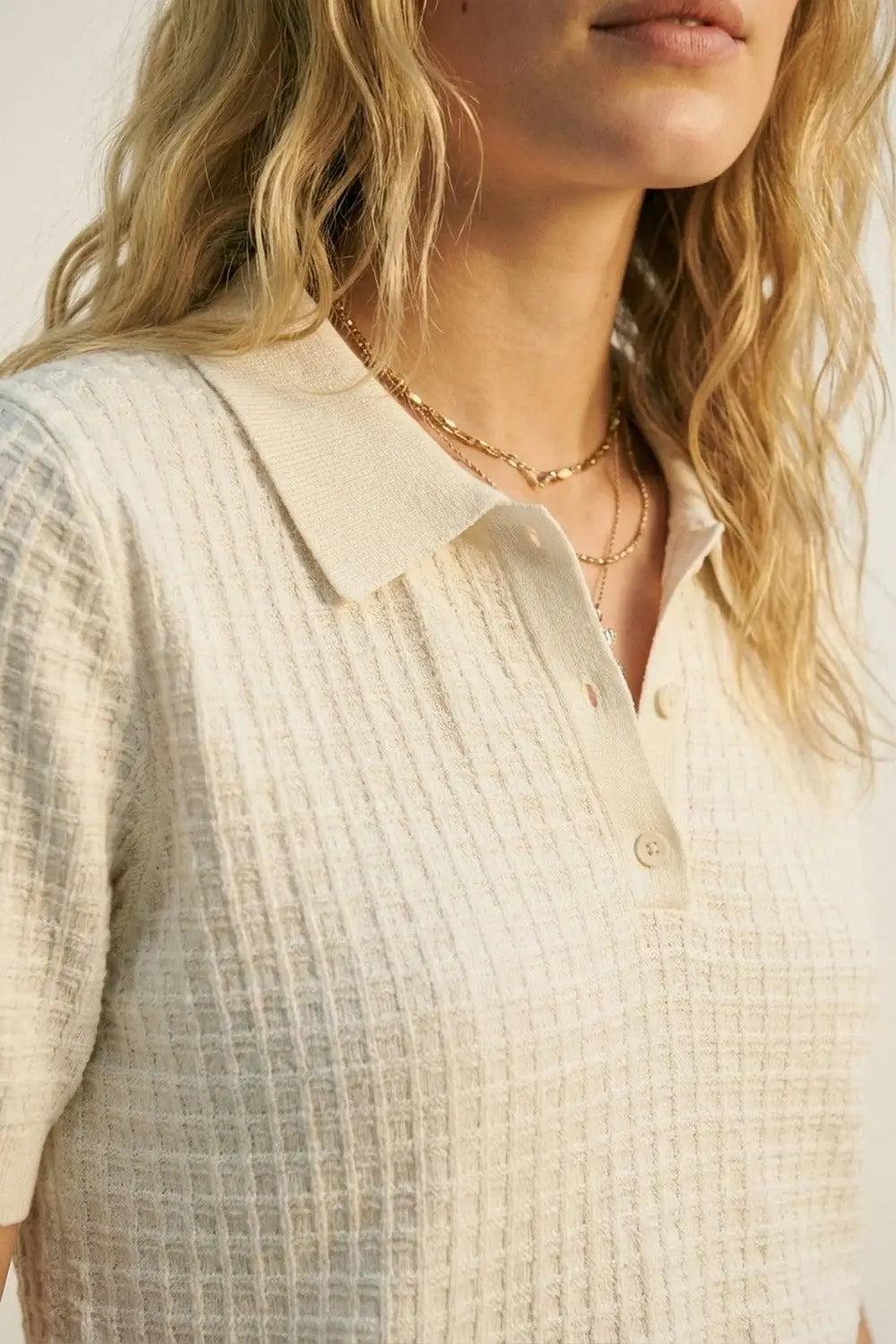Polo à manches courtes en tricot texturé crème - Pulls