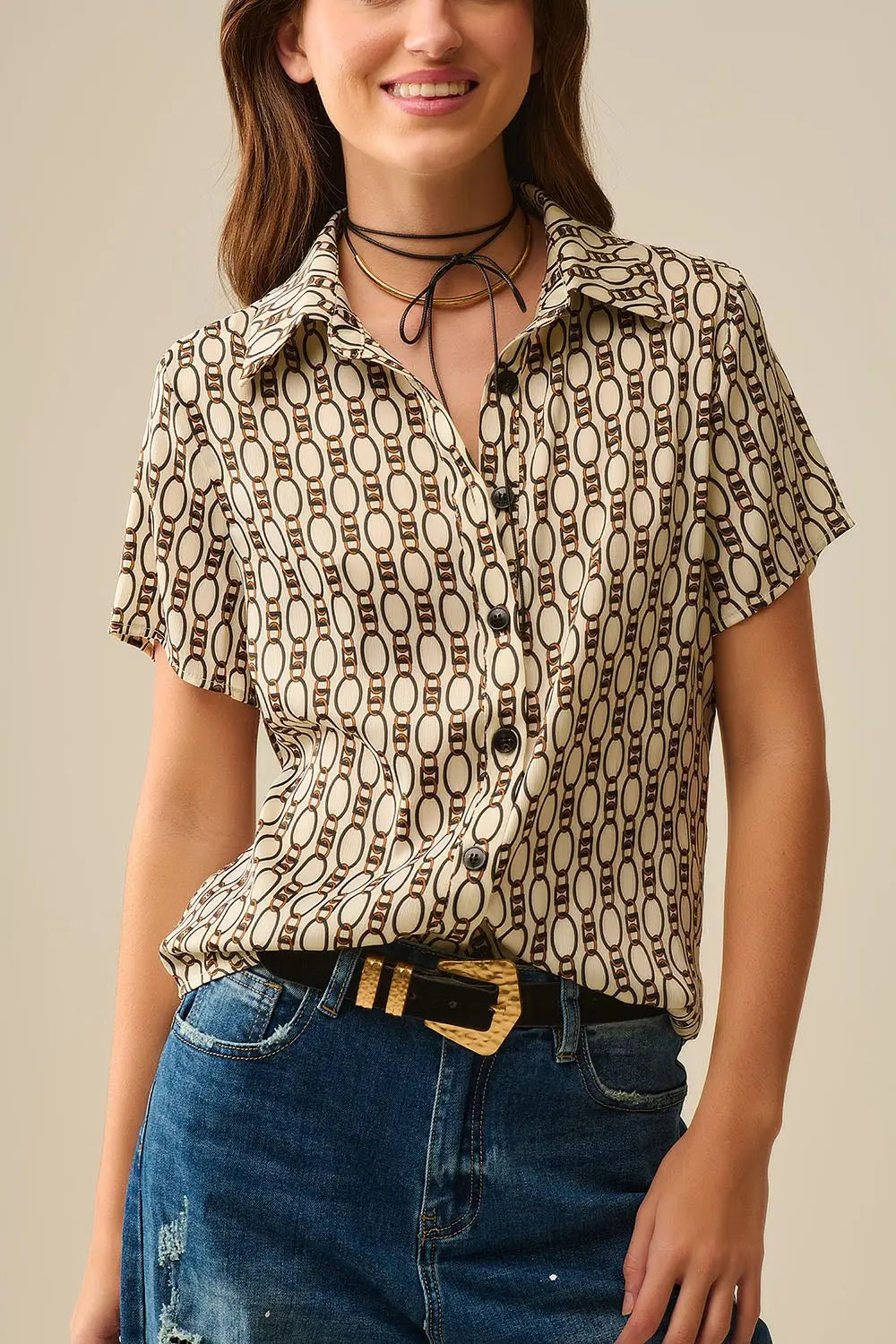 Polo beige à manches courtes imprimé chaîne - Tee-Shirt