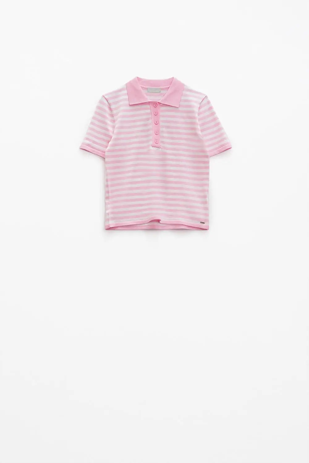 Polo blanc à manches courtes rayures rose pâle et boutons sur le devant - Pulls