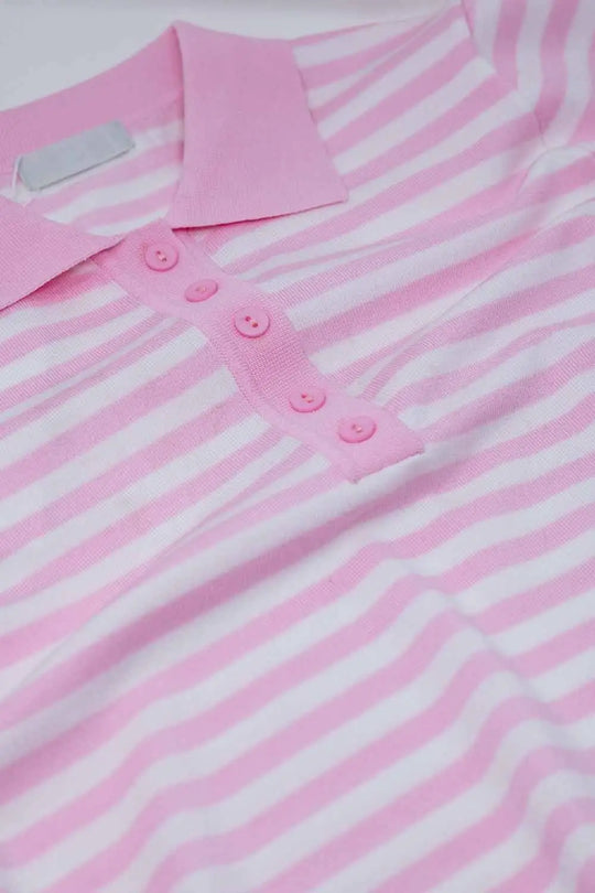 Polo blanc à manches courtes rayures rose pâle et boutons sur le devant - Pulls