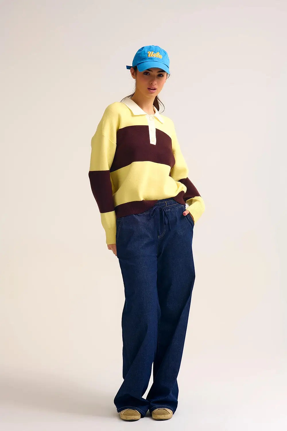 Polo en tricot jaune à rayures brunes - One Size / jaune - Pulls