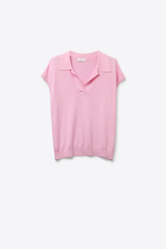 Q2 Polo en tricot léger rose à manches courtes