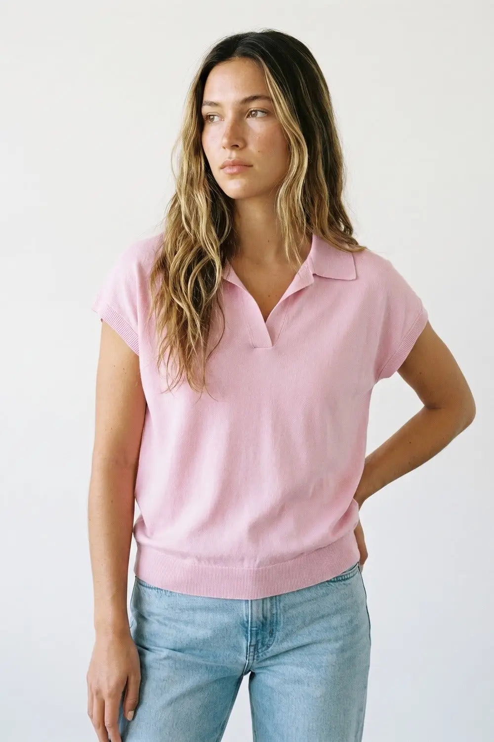 Polo en tricot léger rose à manches courtes - One Size / rose
