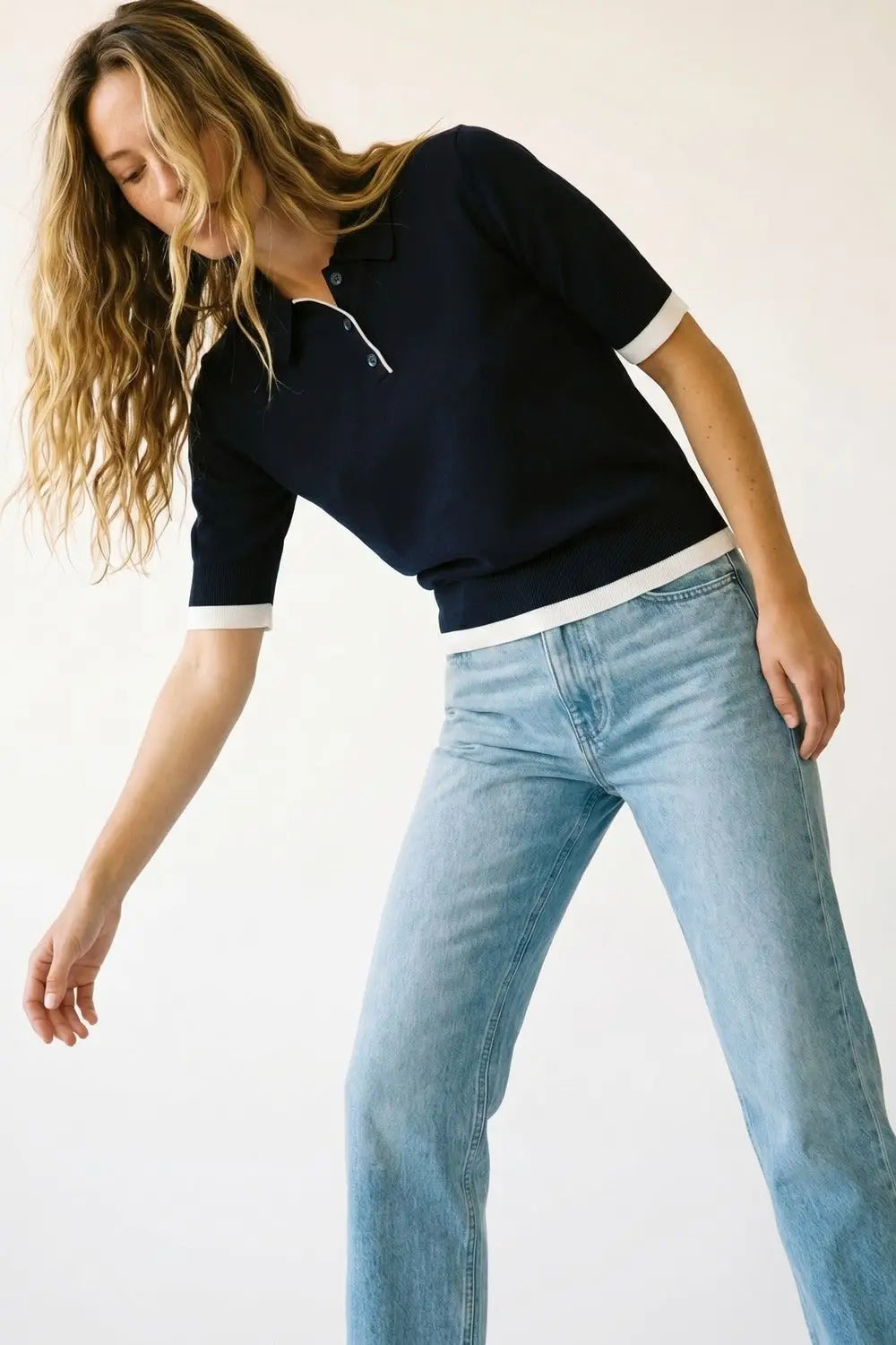 Polo marine avec bordures et boutons blancs - One Size / bleu