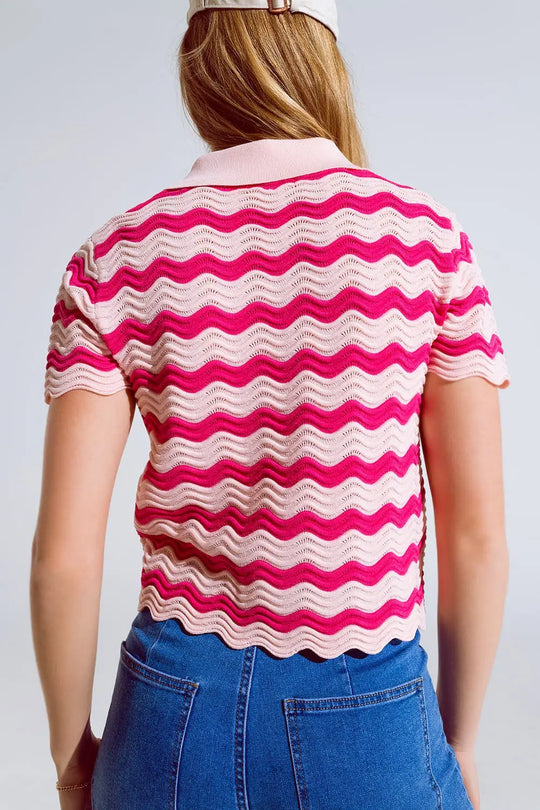 Polo rose à rayures ondulées fuchsia - Pulls