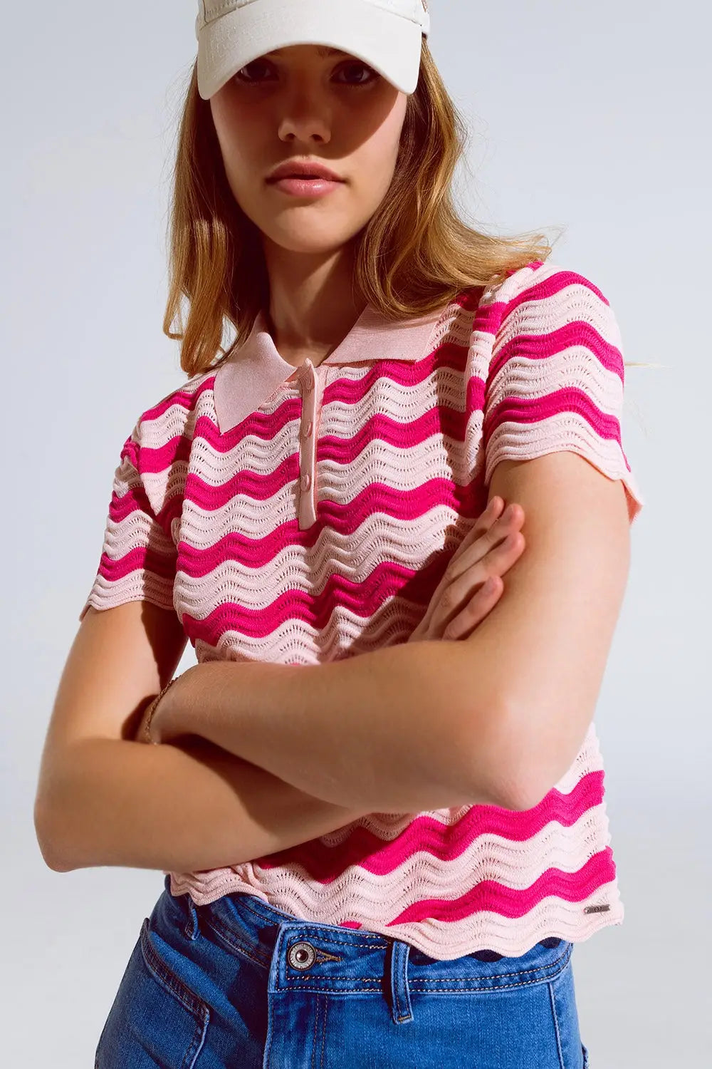 Polo rose à rayures ondulées fuchsia - Pulls