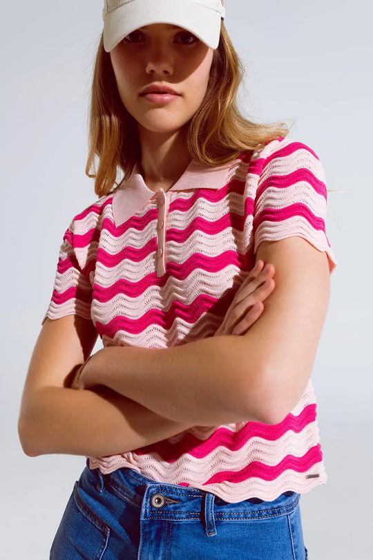 Polo rose à rayures ondulées fuchsia - Pulls