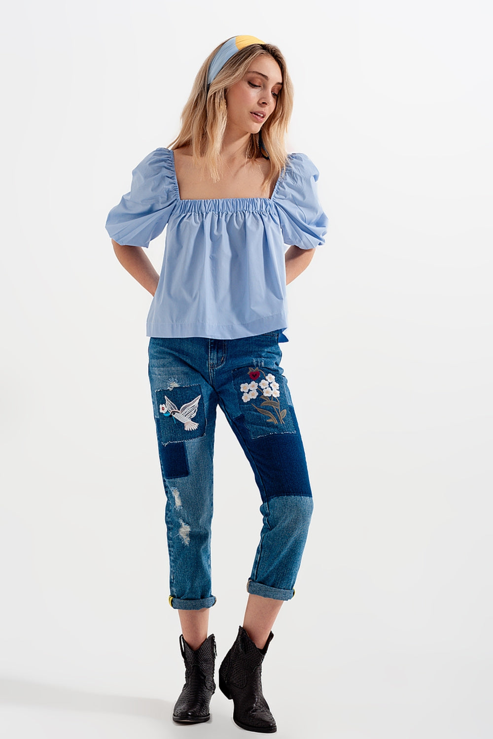 Poplin balloon sleeve top in blue