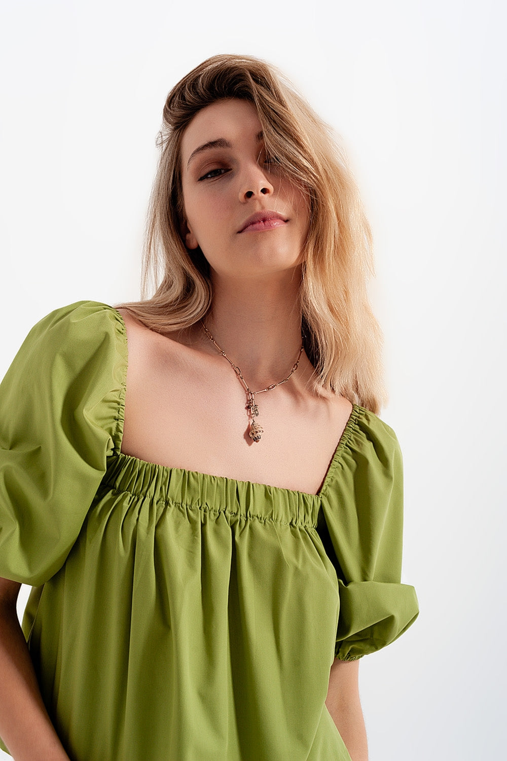 Poplin balloon sleeve top in green