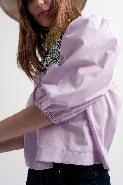 Poplin balloon sleeve top in purple