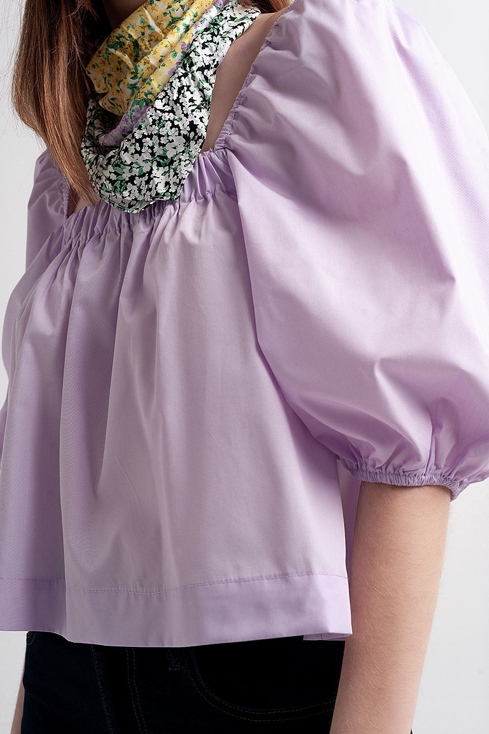 Poplin balloon sleeve top in purple