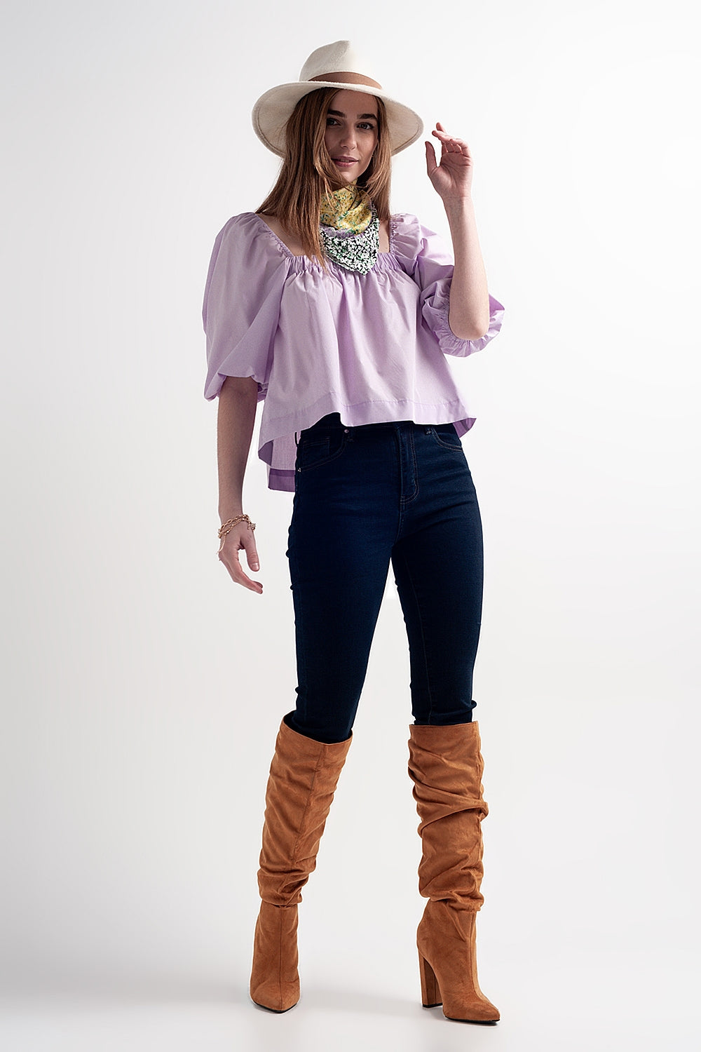 Poplin balloon sleeve top in purple