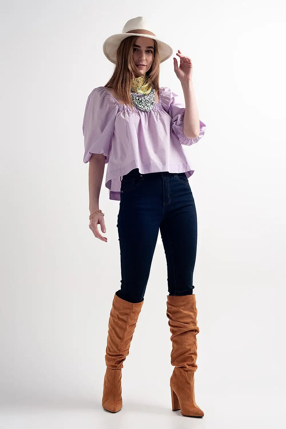 Poplin balloon sleeve top in purple - Tops