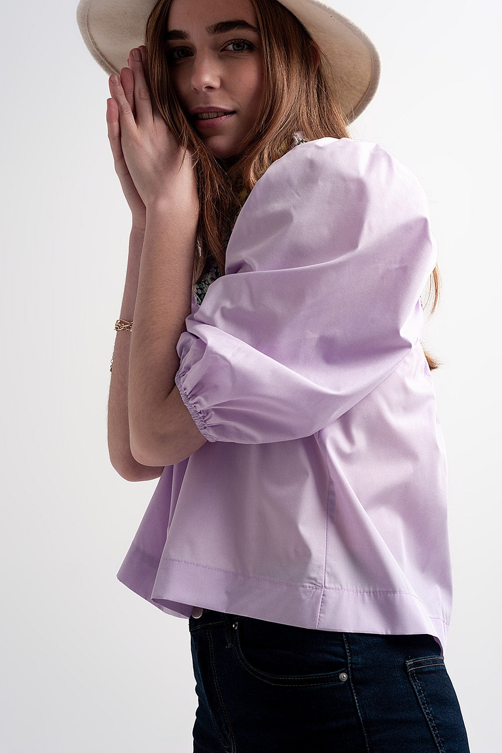 Poplin balloon sleeve top in purple