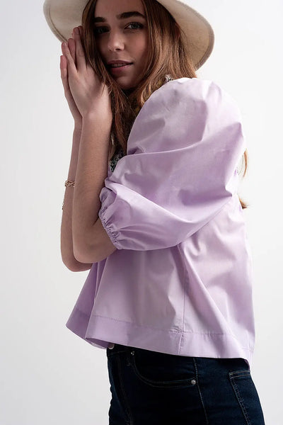 Poplin balloon sleeve top in purple - Tops