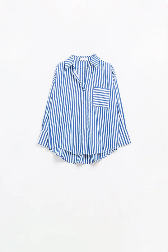 Poplin shirt with vertical stripes in blue and chest pocket - Shirts