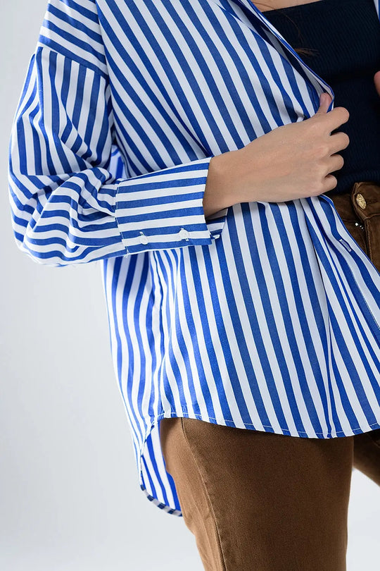 Poplin shirt with vertical stripes in blue and chest pocket - Shirts
