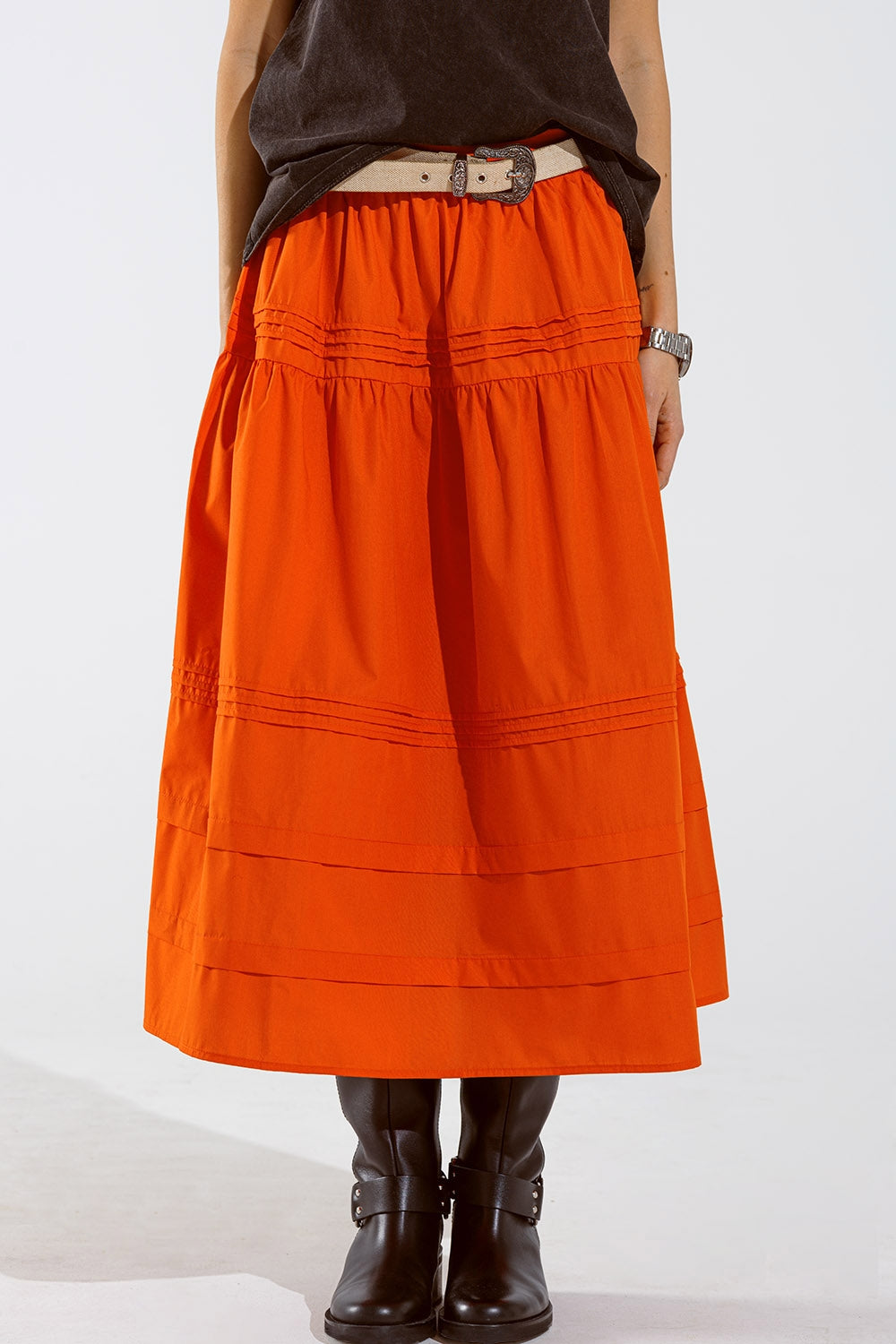 Poplin tiered maxi skirt with stitching details in orange