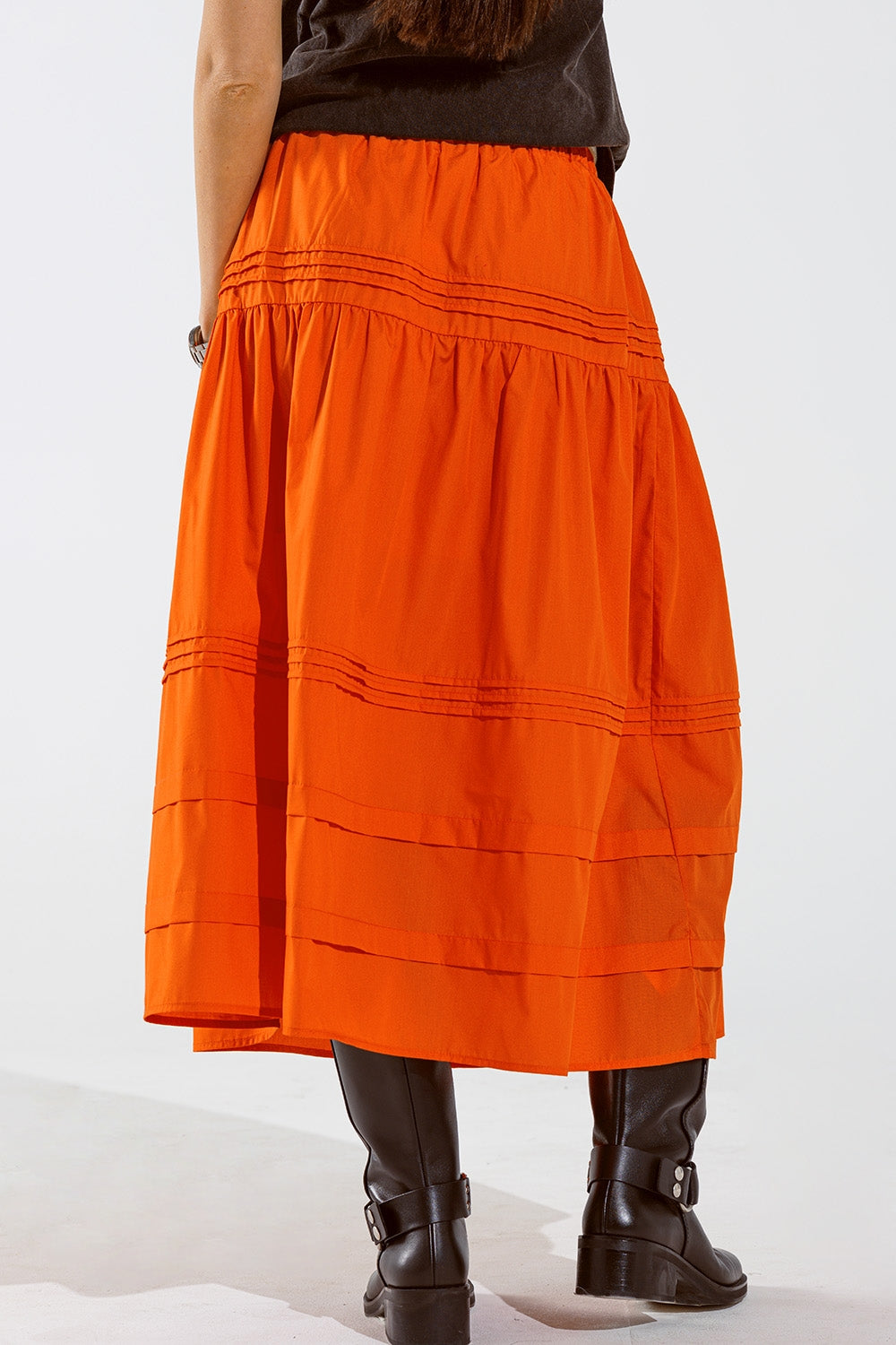 Poplin tiered maxi skirt with stitching details in orange