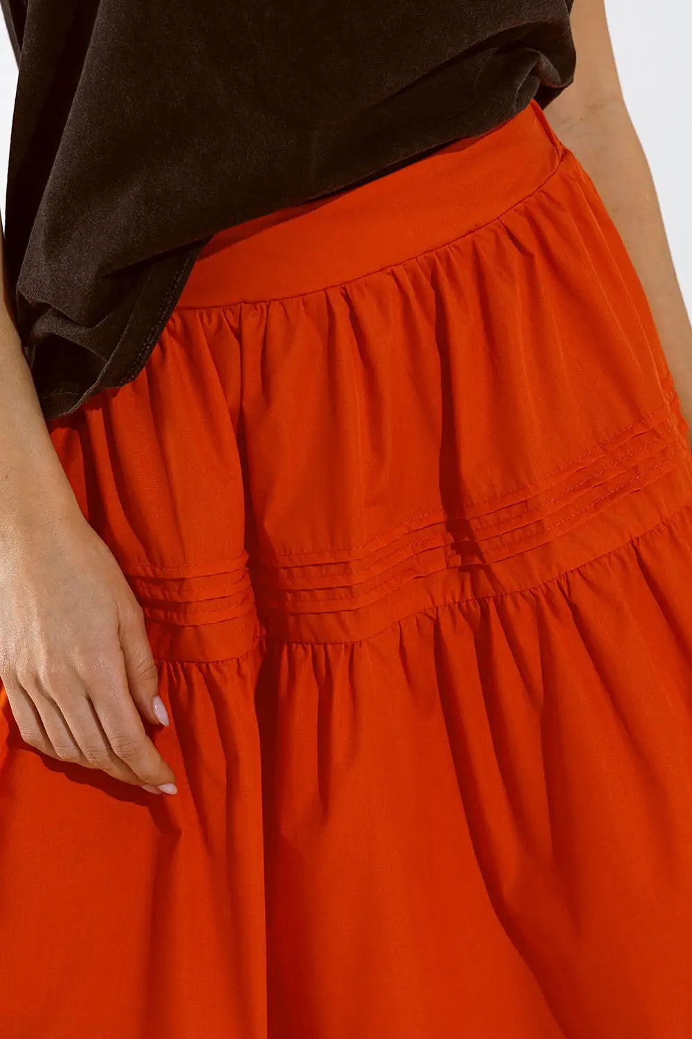 Poplin tiered maxi skirt with stitching details in orange - Skirts