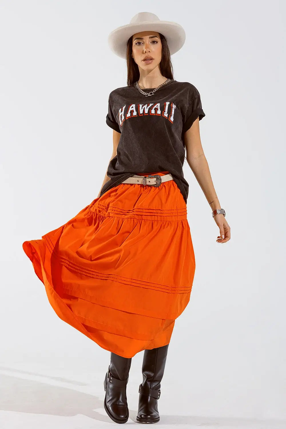 Poplin tiered maxi skirt with stitching details in orange - Skirts