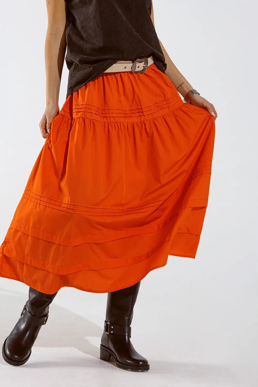 Poplin tiered maxi skirt with stitching details in orange - Skirts