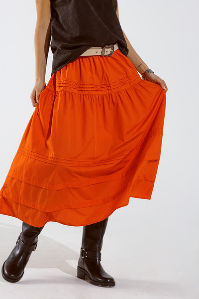 Poplin tiered maxi skirt with stitching details in orange