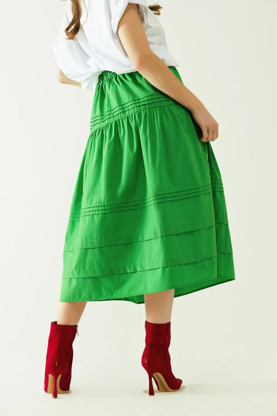 Poplin tiered midi skirt with stitching details in green - Skirts