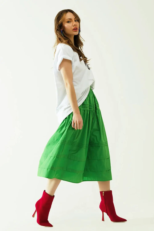 Poplin tiered midi skirt with stitching details in green - Skirts