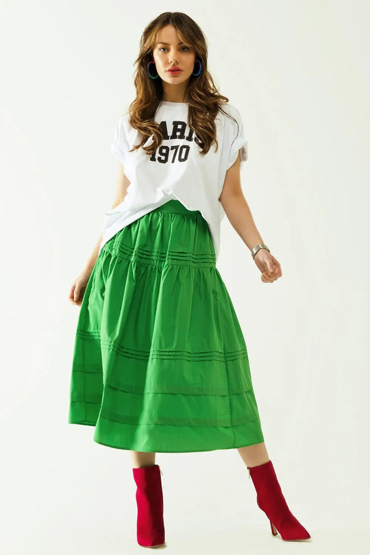 Poplin tiered midi skirt with stitching details in green - Skirts