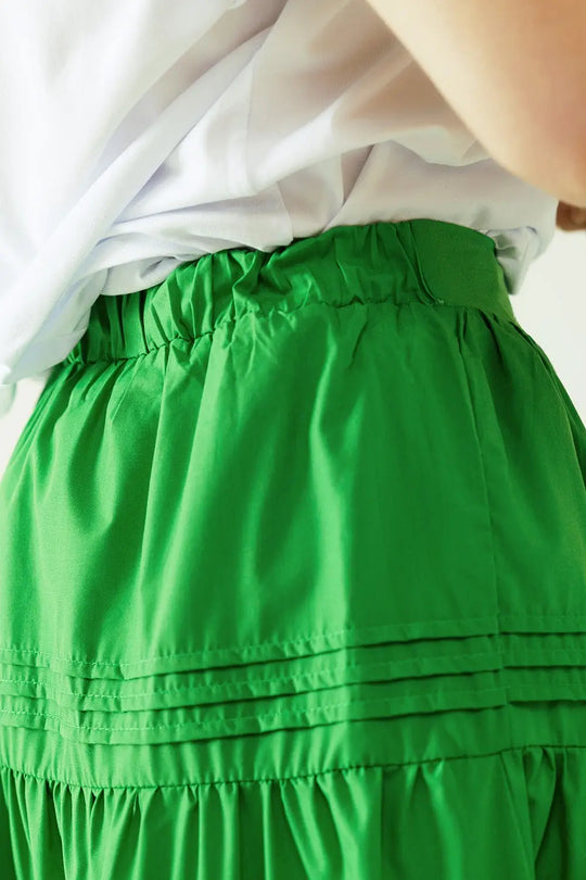 Poplin tiered midi skirt with stitching details in green - Skirts