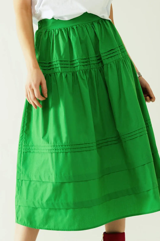 Poplin tiered midi skirt with stitching details in green - Skirts