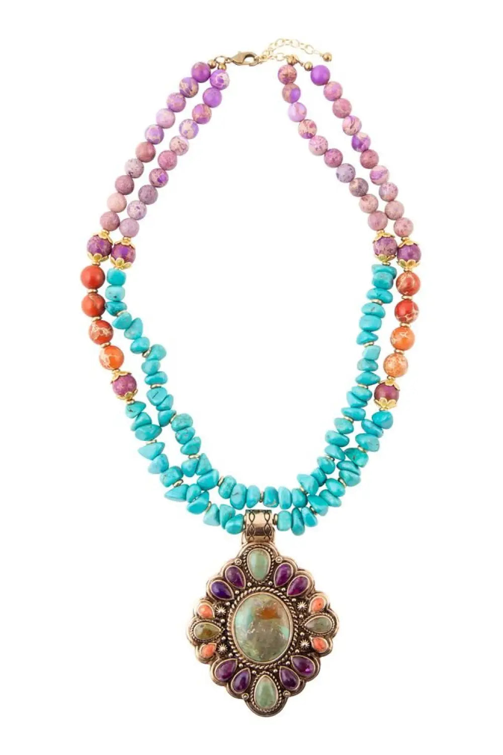 Prescott Blue Turquoise Purple and Orange Statement Pendant Golden Necklace - Necklaces