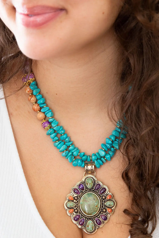 Prescott Blue Turquoise Purple and Orange Statement Pendant Golden Necklace - Necklaces