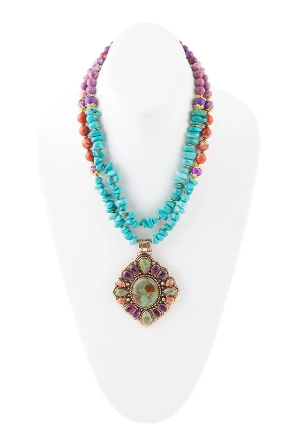 Prescott Blue Turquoise Purple and Orange Statement Pendant Golden Necklace - Necklaces