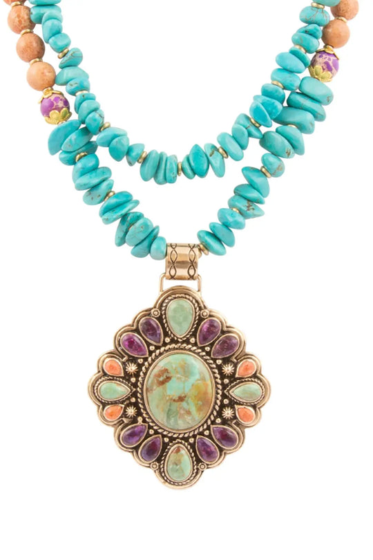 Prescott Blue Turquoise Purple and Orange Statement Pendant Golden Necklace - Necklaces