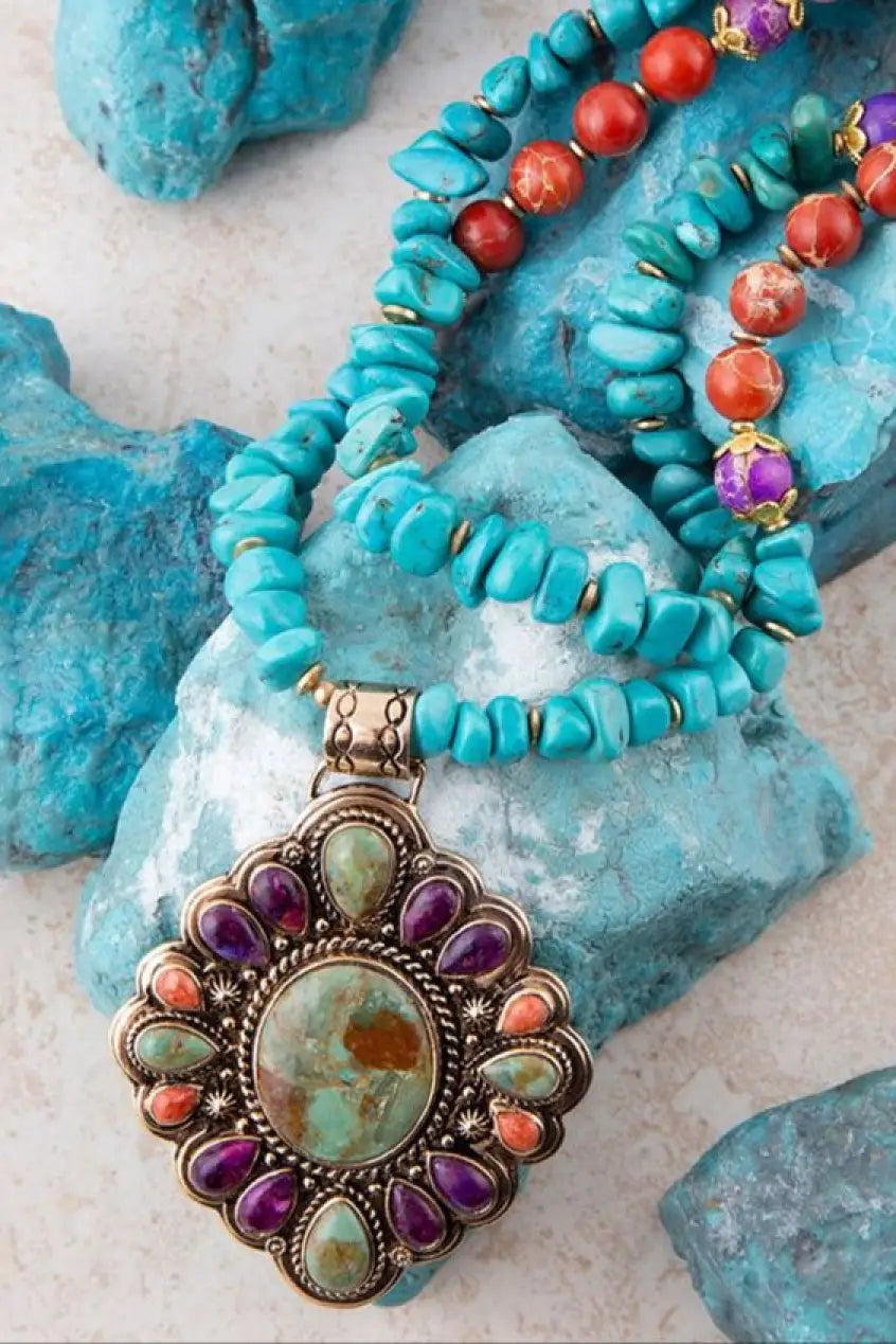 Prescott Blue Turquoise Purple and Orange Statement Pendant Golden Necklace - Necklaces