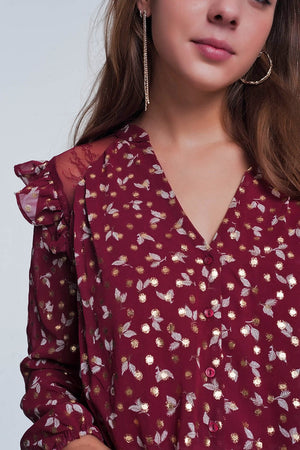 Q2 Print ruffle shoulder maroon shirt