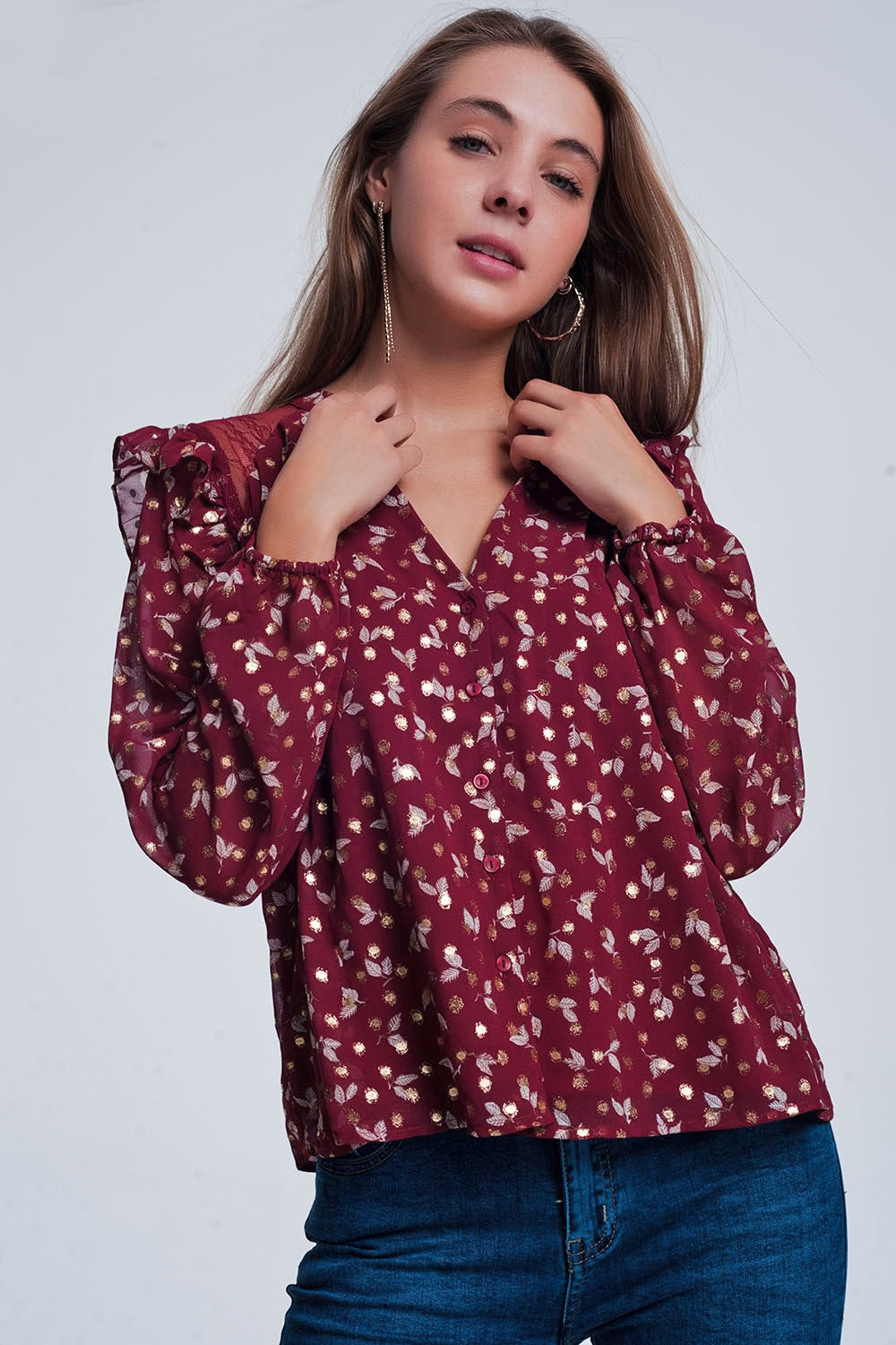 Print ruffle shoulder maroon shirt