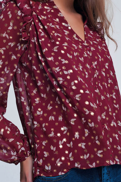 Print ruffle shoulder maroon shirt