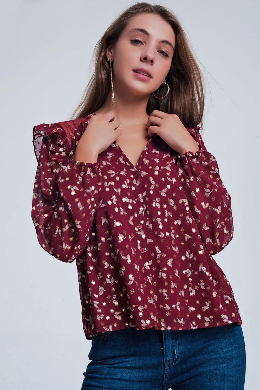 Print ruffle shoulder maroon shirt - Shirts