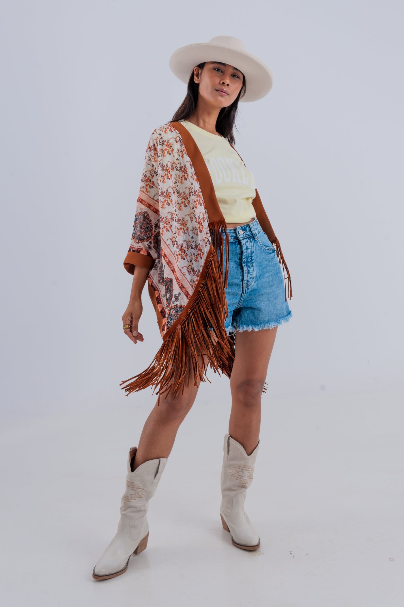 Printed kimono with fringe detail in brown