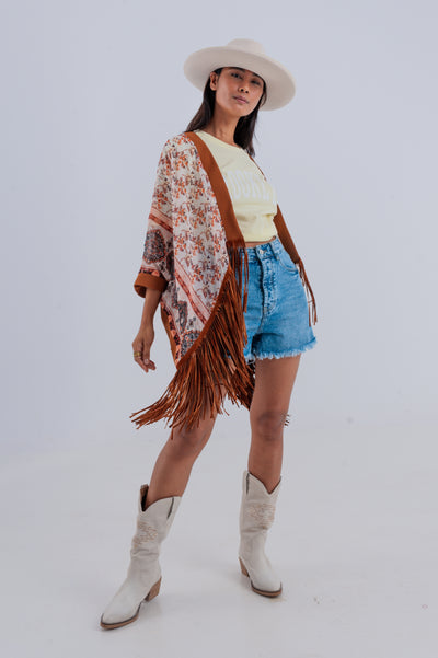 Printed kimono with fringe detail in brown