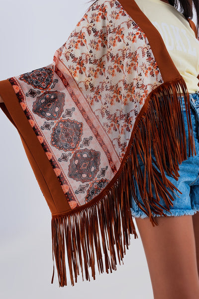 Printed kimono with fringe detail in brown