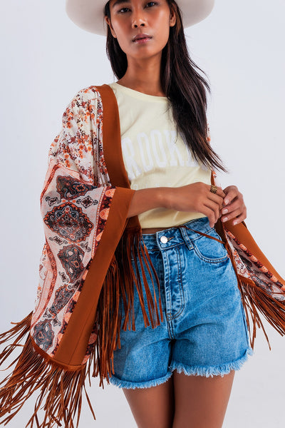 Printed kimono with fringe detail in brown
